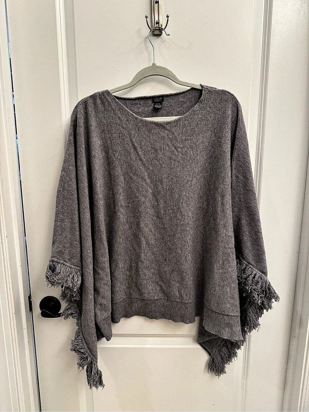 Roffe Gray Fringe Poncho Sweater